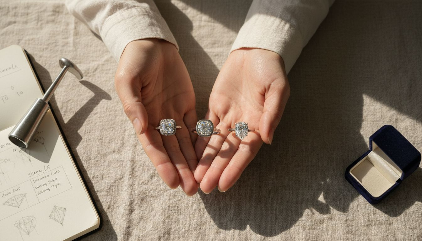 Three lab-grown diamond rings display style variety