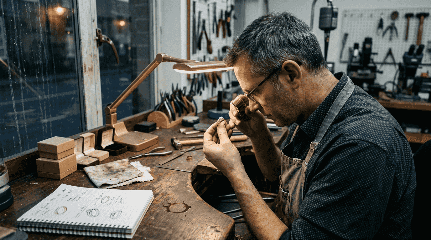 Jeweler inspecting finished wedding ring for flaws