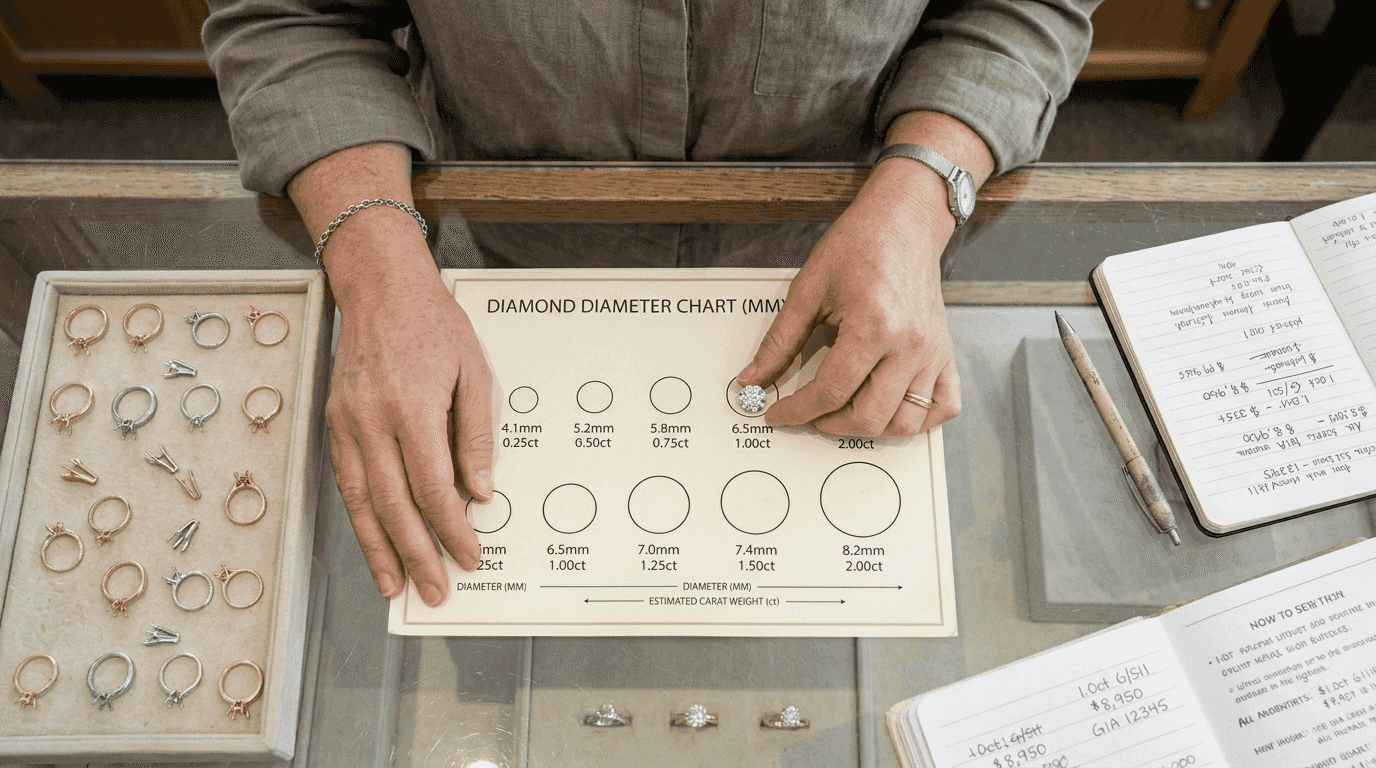 Store associate compares diamond size to chart