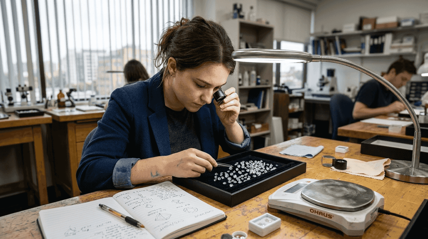 Gemologist evaluating lab-grown diamond tray