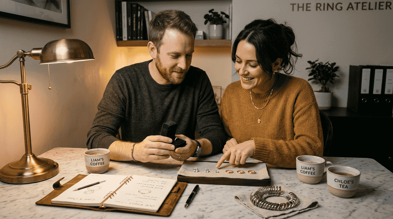 Couple designing personalized engagement ring