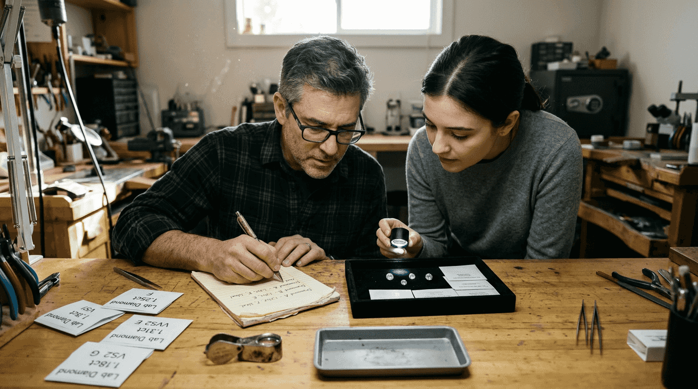 Customer and jeweler comparing lab-grown diamonds