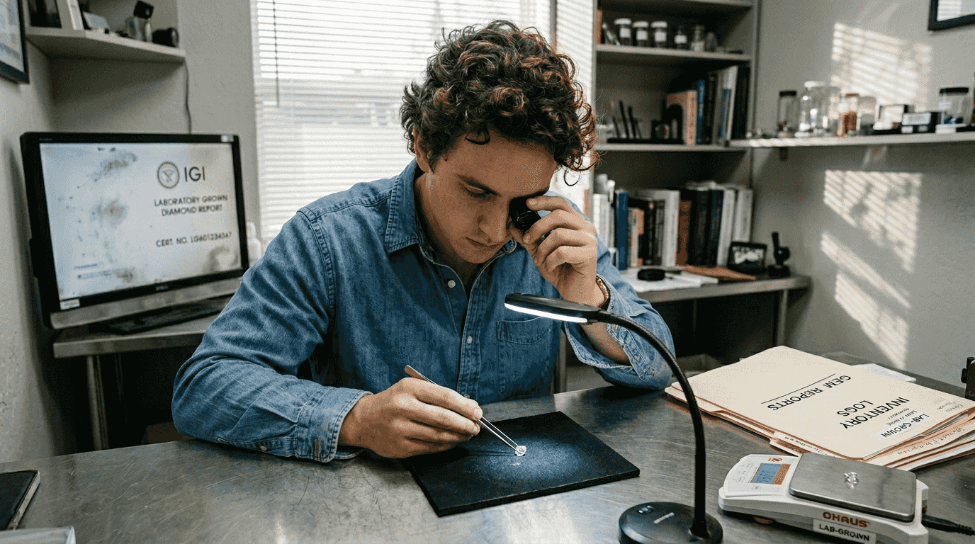 Gemologist inspecting lab-grown diamond