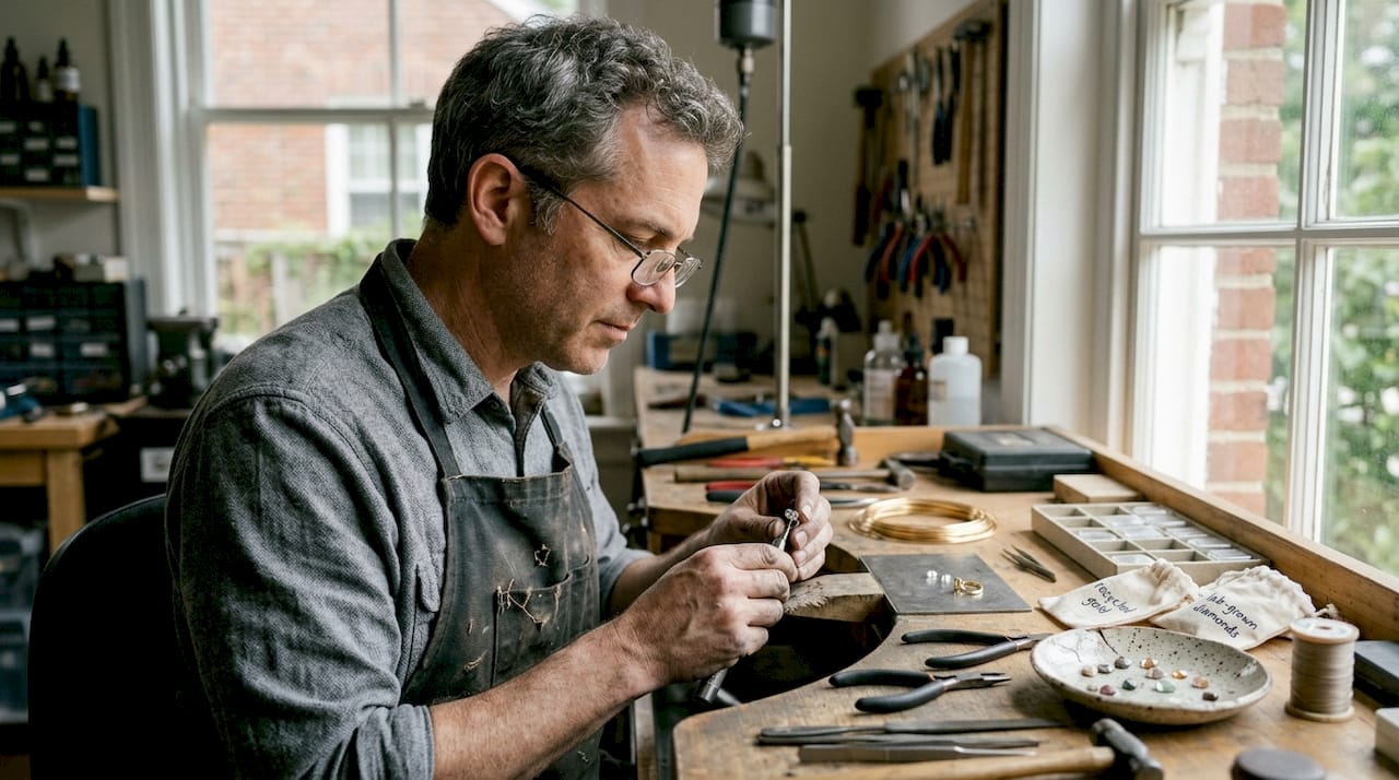 Jeweler setting lab-grown diamond in gold ring