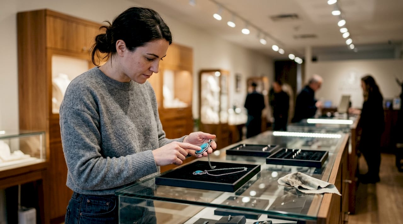 Customer inspecting necklace quality in boutique