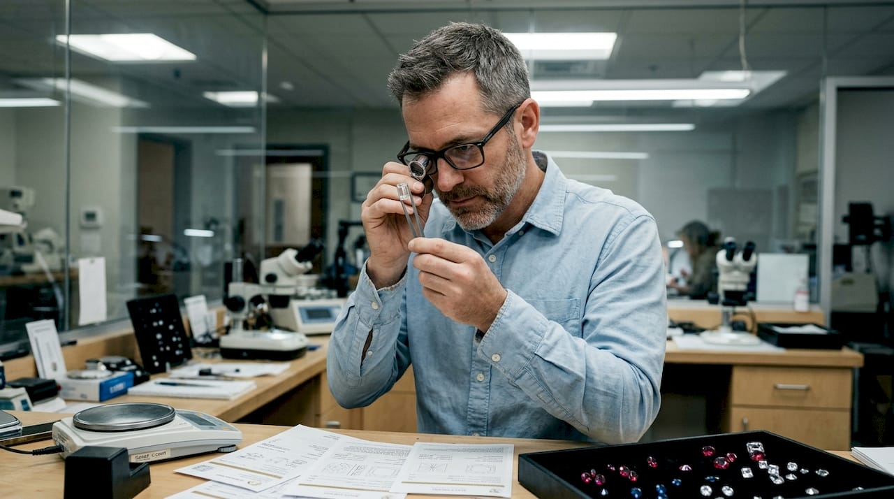 Gemologist inspecting lab-grown diamond in laboratory
