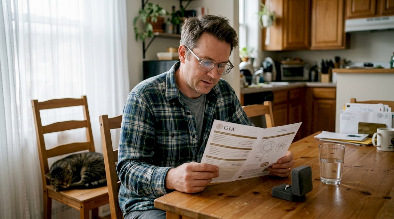 Man reading diamond certificate at home table