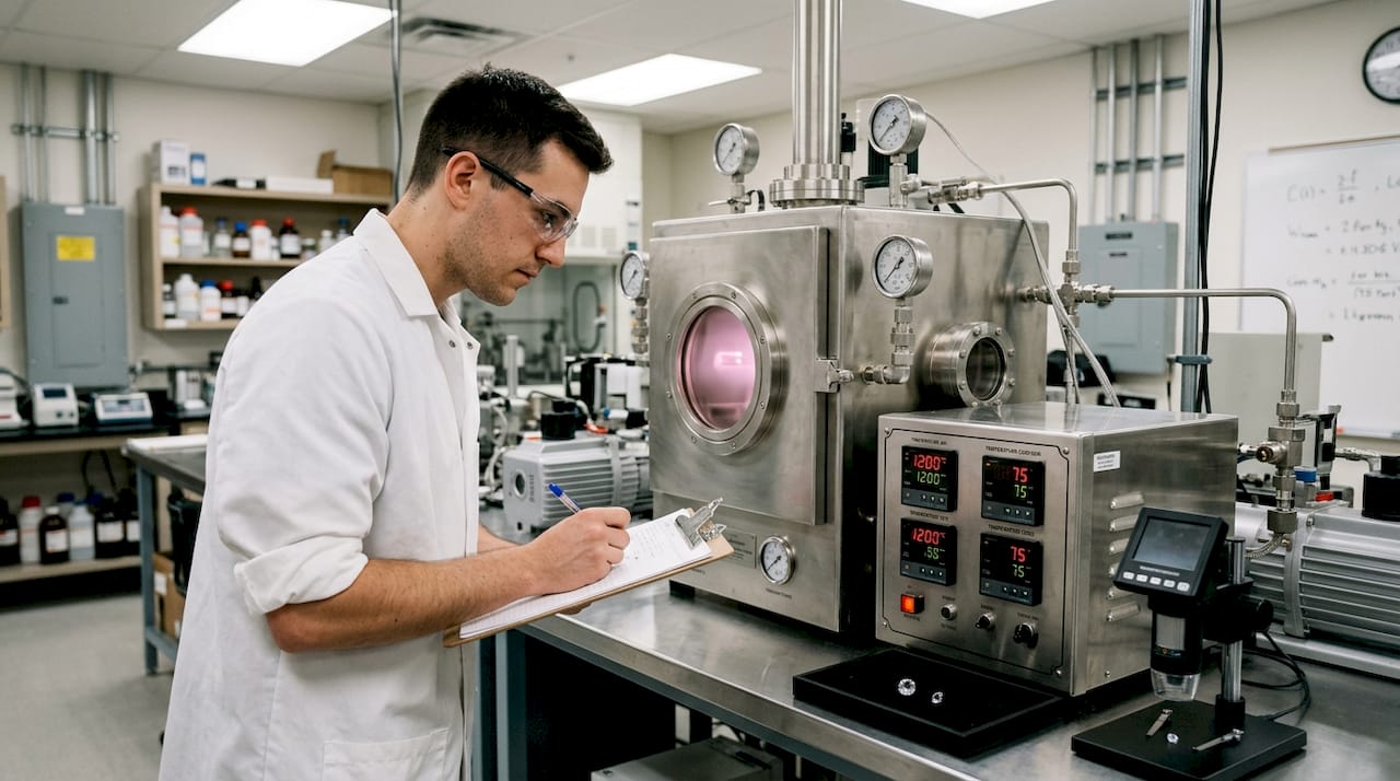 Technician monitoring diamond growth in laboratory