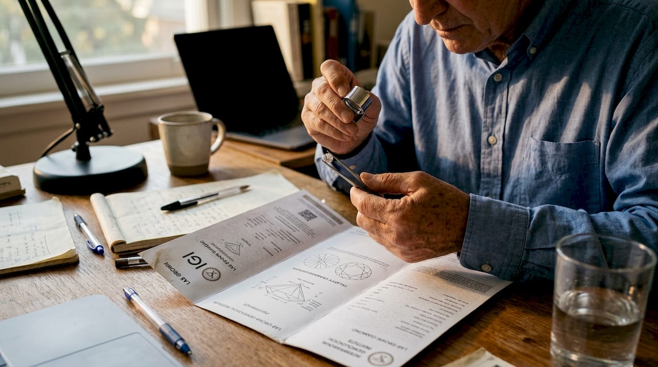 Hands inspecting diamond clarity over paperwork
