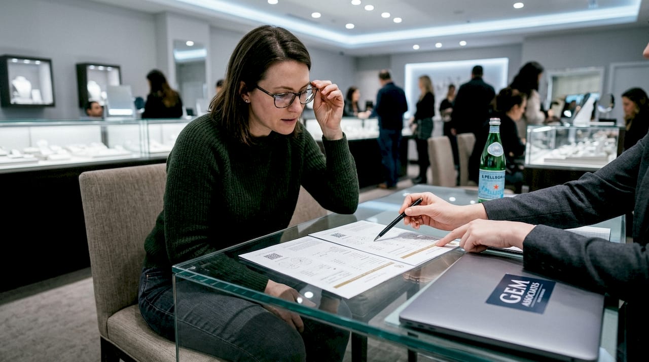 Customer compares diamond certificates in jewelry store