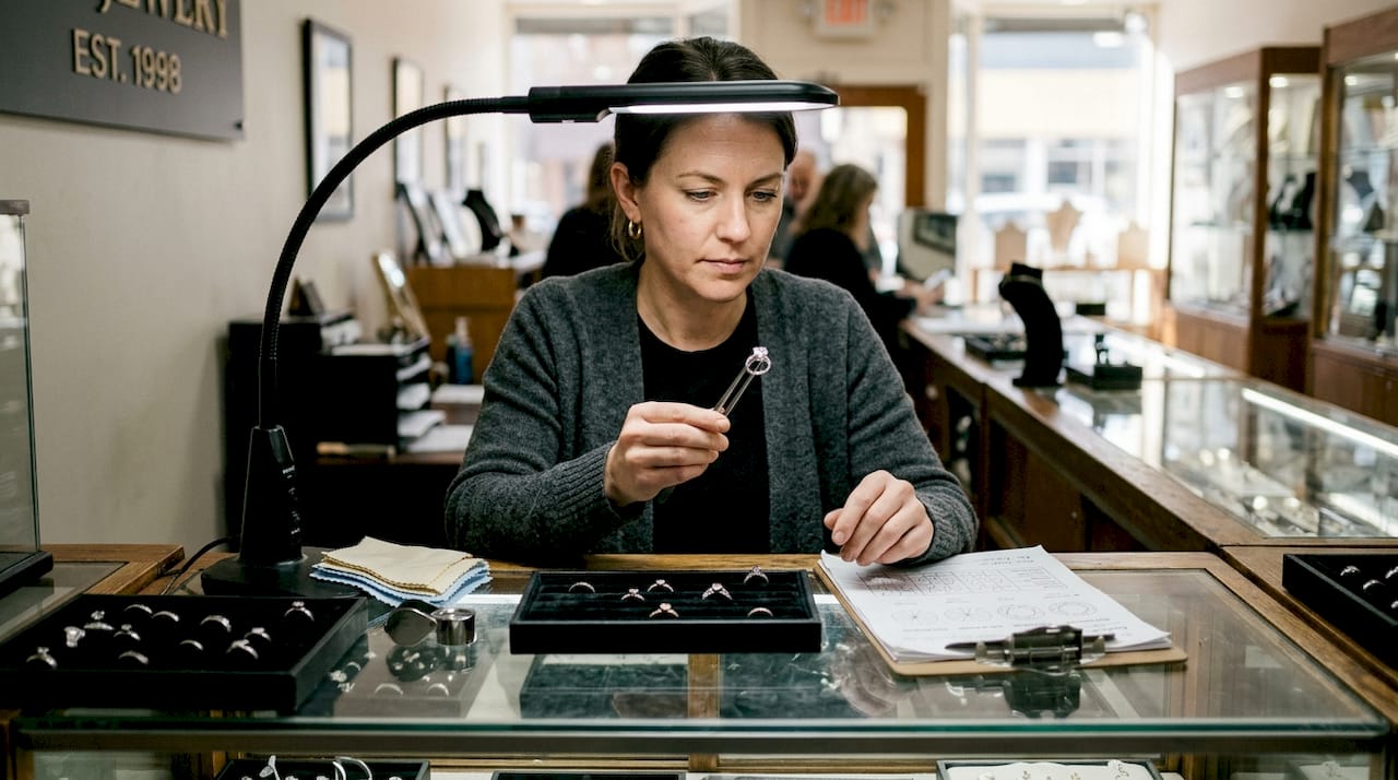 Jeweler checking diamond ring for clarity