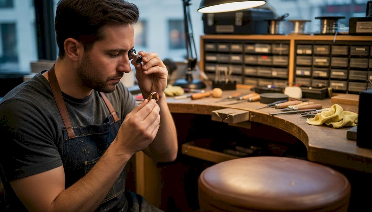 Jeweler closely inspects finished custom ring