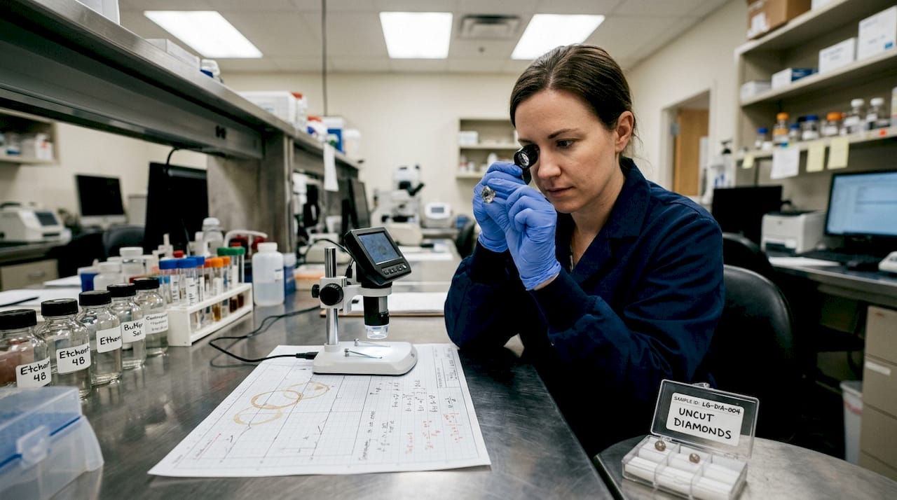 Technician checking rough lab-grown diamond in workshop