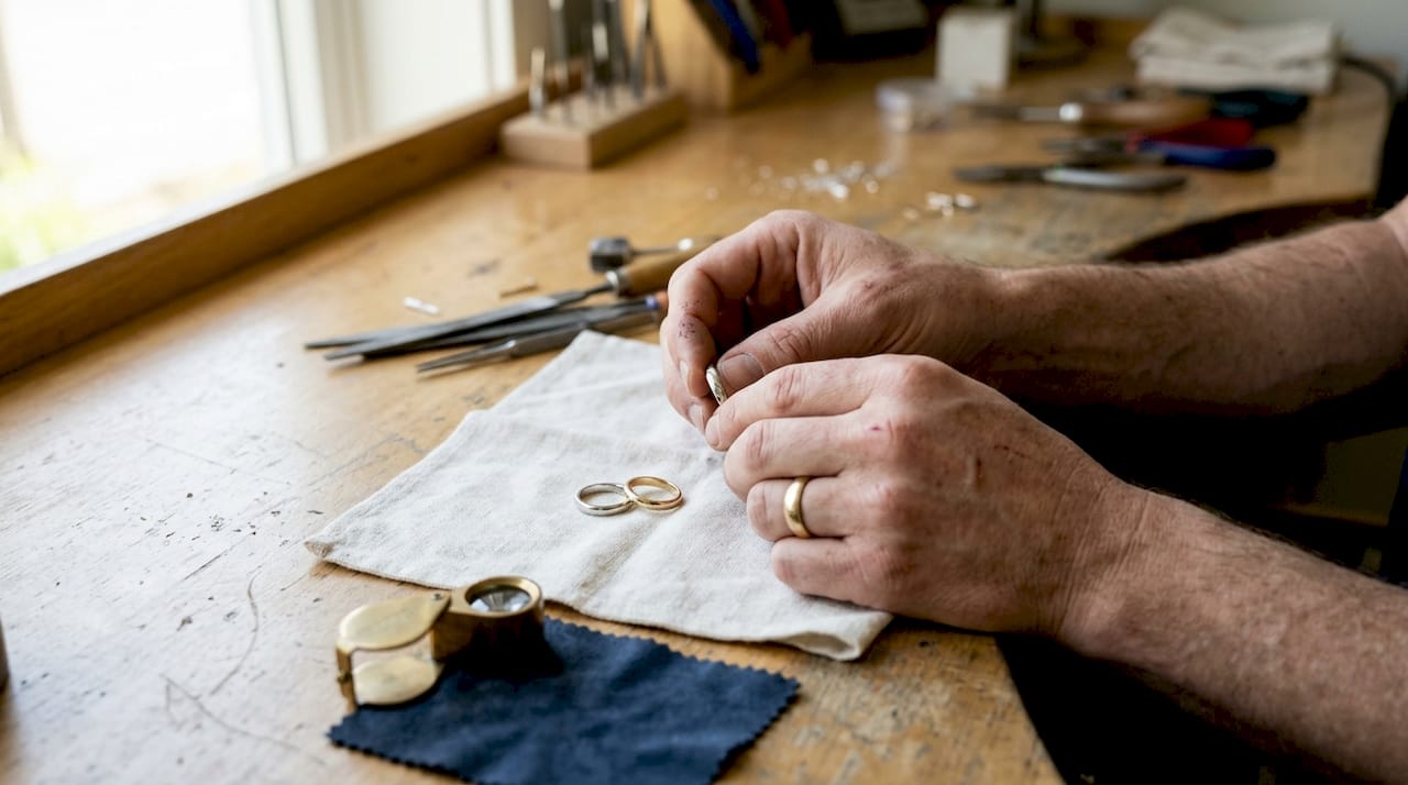 Jeweler comparing platinum and gold rings