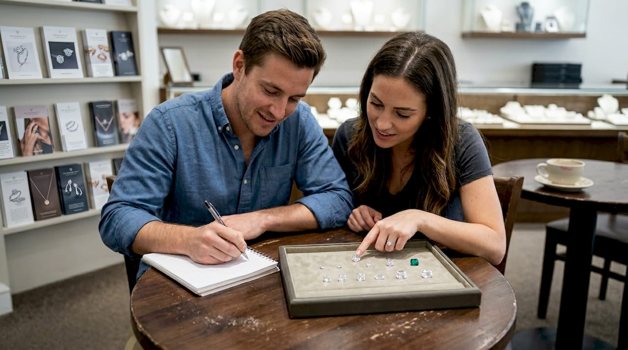 Couple comparing diamond cuts in showroom