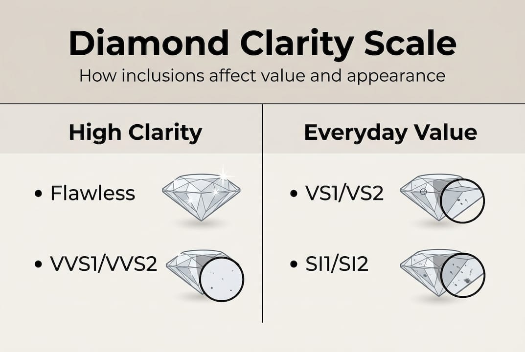 Diamond clarity scale infographic with simple labels