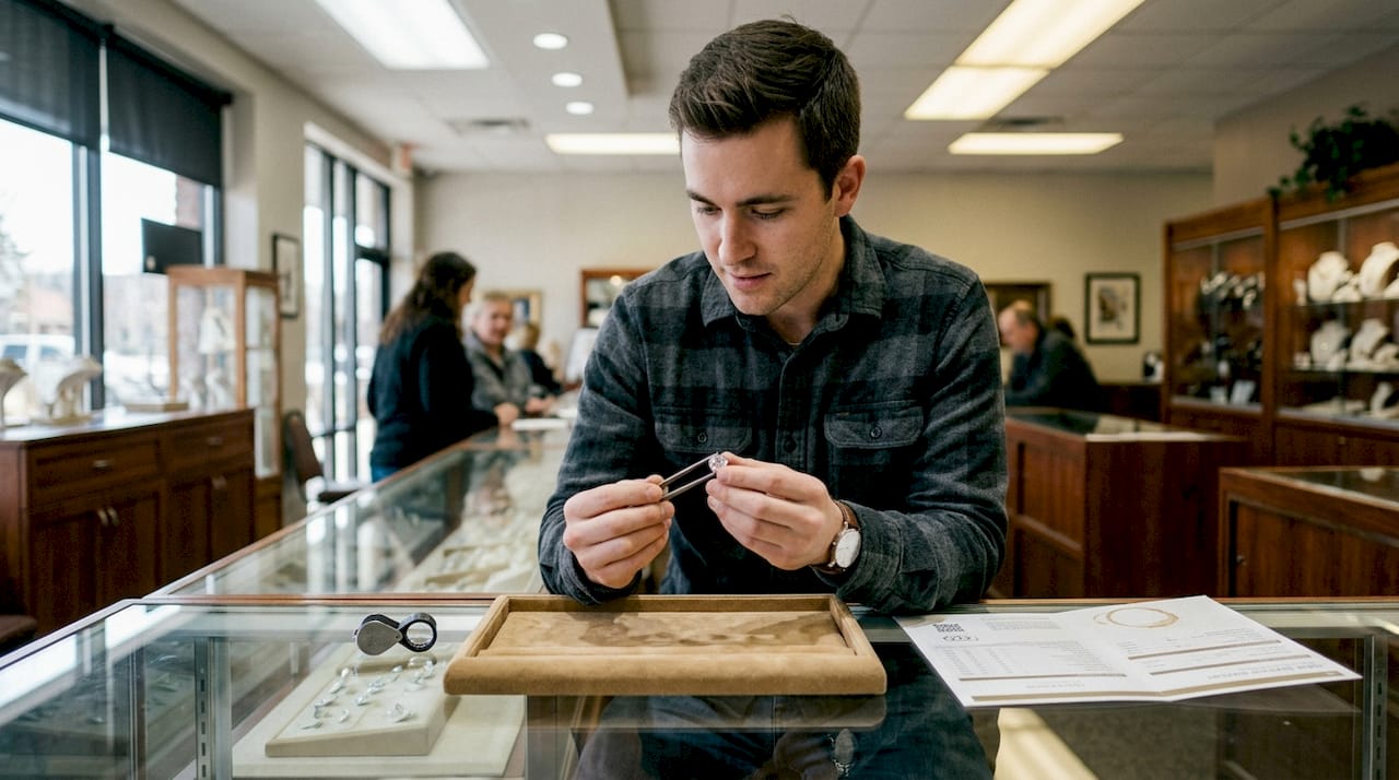 Man evaluating cushion-cut diamond in store