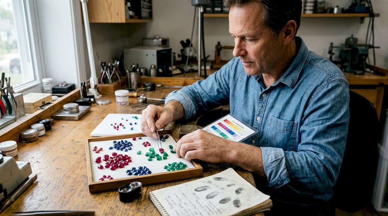 Jeweler sorting colored gemstones in studio