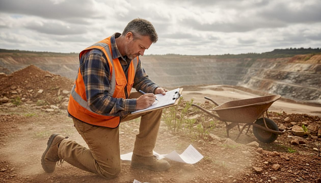 Scientist recording data near open-pit mine