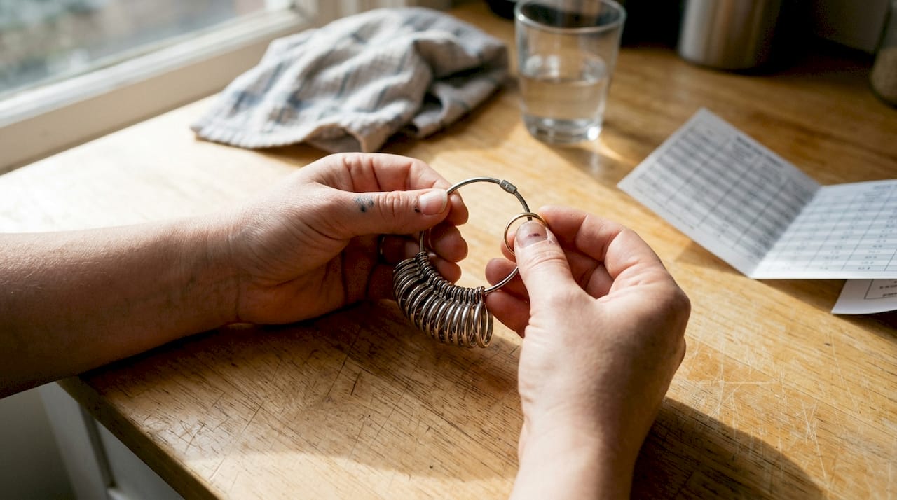 Hands showing careful ring sizing method