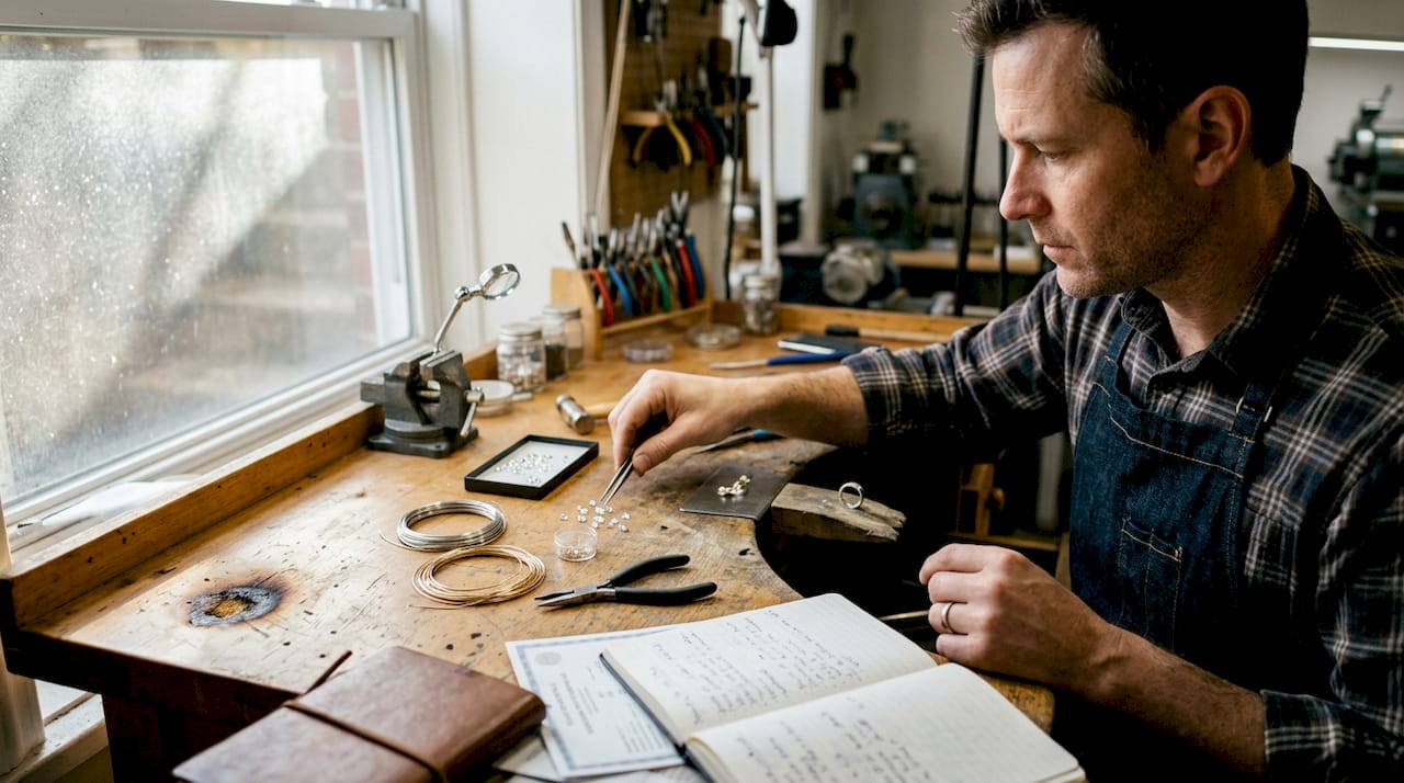 Jewelry maker handling ethical metals and gemstones