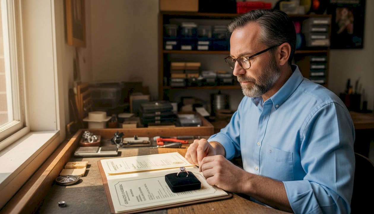 Jeweler checks diamond certification and paperwork