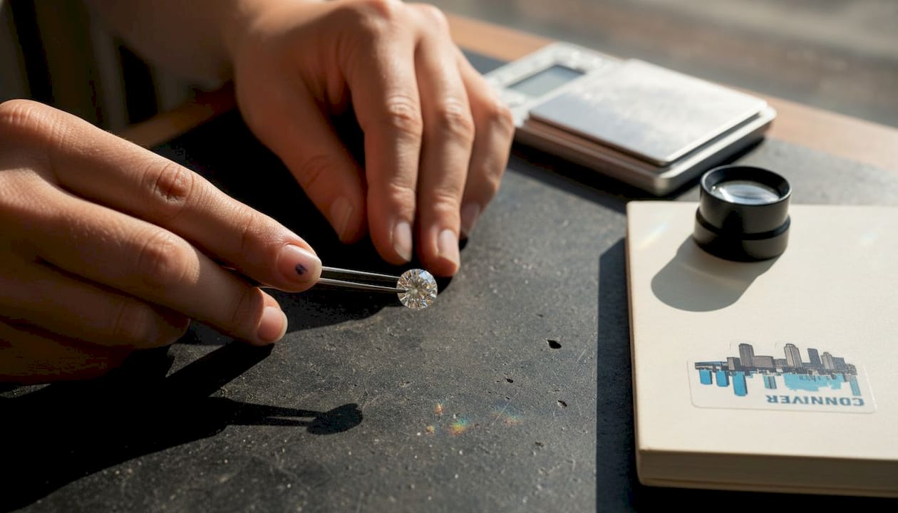 Lab-grown diamond held by jeweler in studio