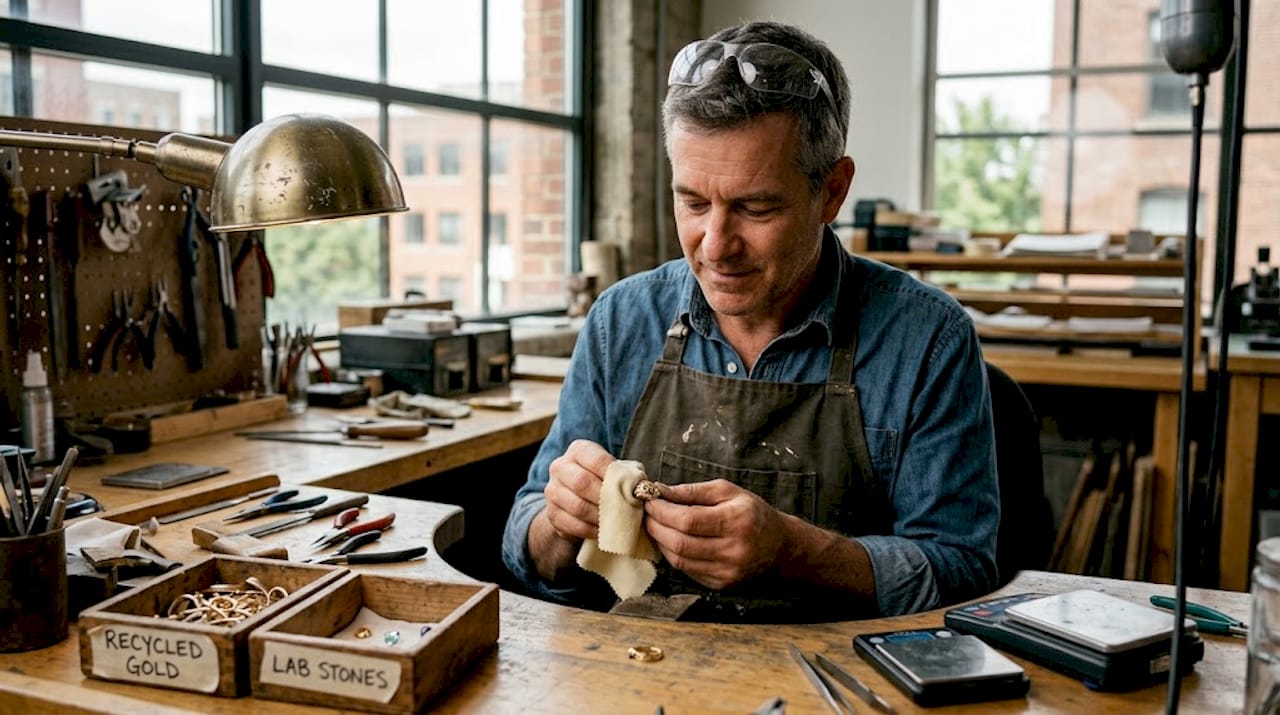 Jeweler polishing ring in urban studio