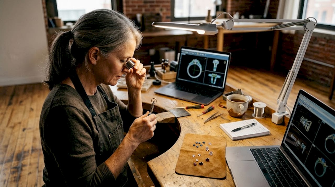 Jeweler refining custom ring design in studio