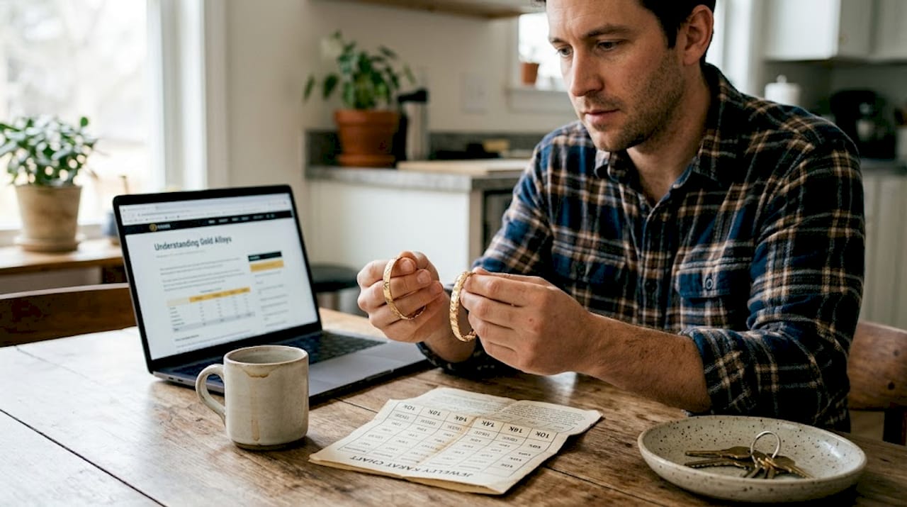 Comparing gold karat jewelry on kitchen table