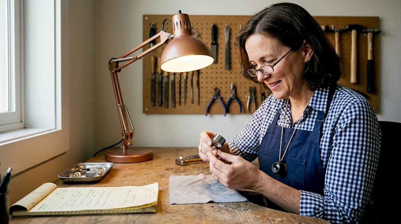 Jeweler examining ring in repair studio