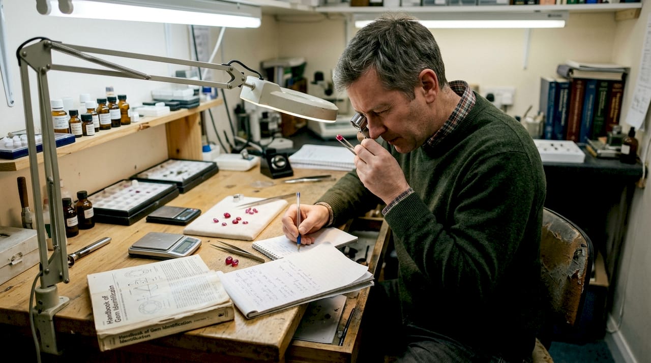 Gemologist appraising rubies at cluttered workbench