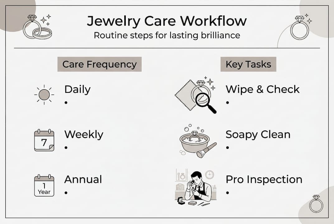 Infographic showing jewelry care steps and intervals