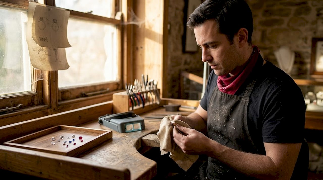 Jeweler polishing ring in small studio workshop
