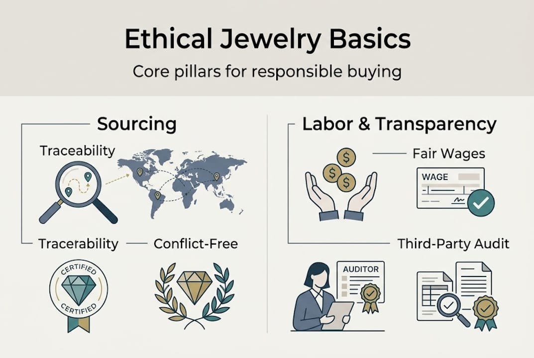 Infographic on ethical jewelry core pillars