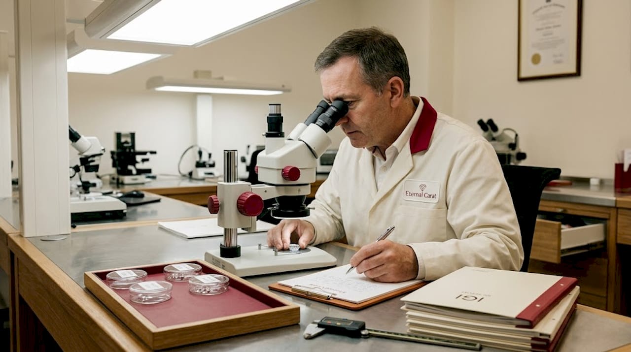 Technician grading diamonds in modern lab