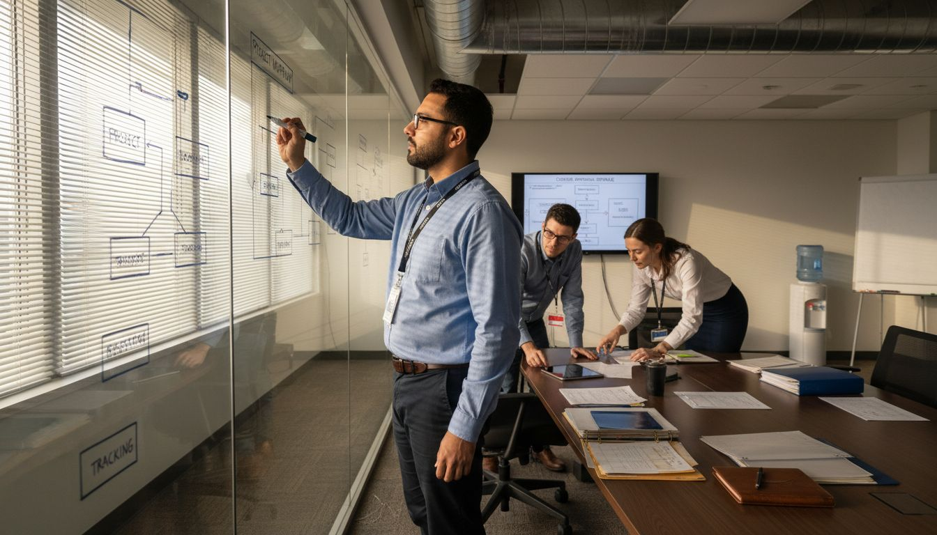 Team collaborating on course workflow process