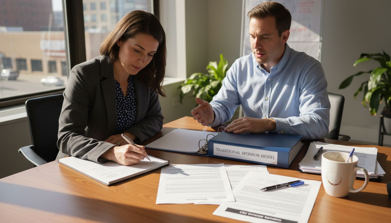 Professionals reviewing sponsor model contract papers