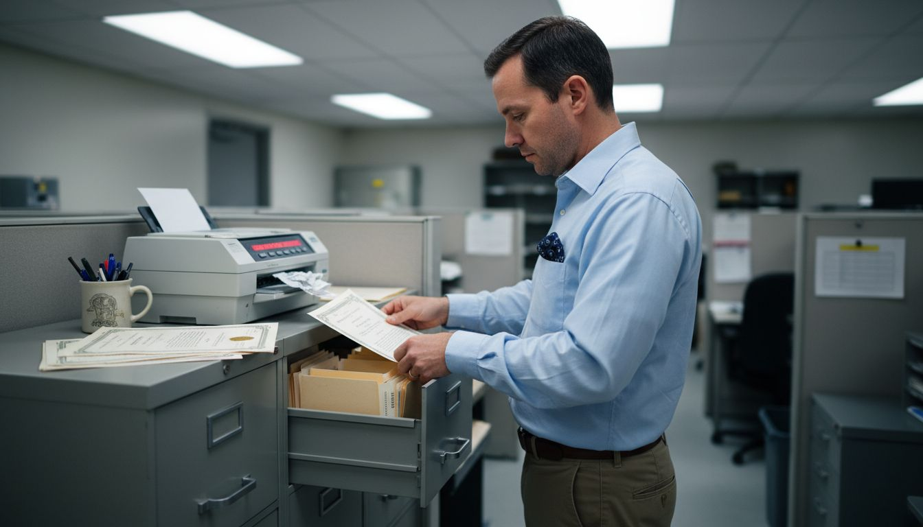 Sorting continuing education certificates at filing cabinet