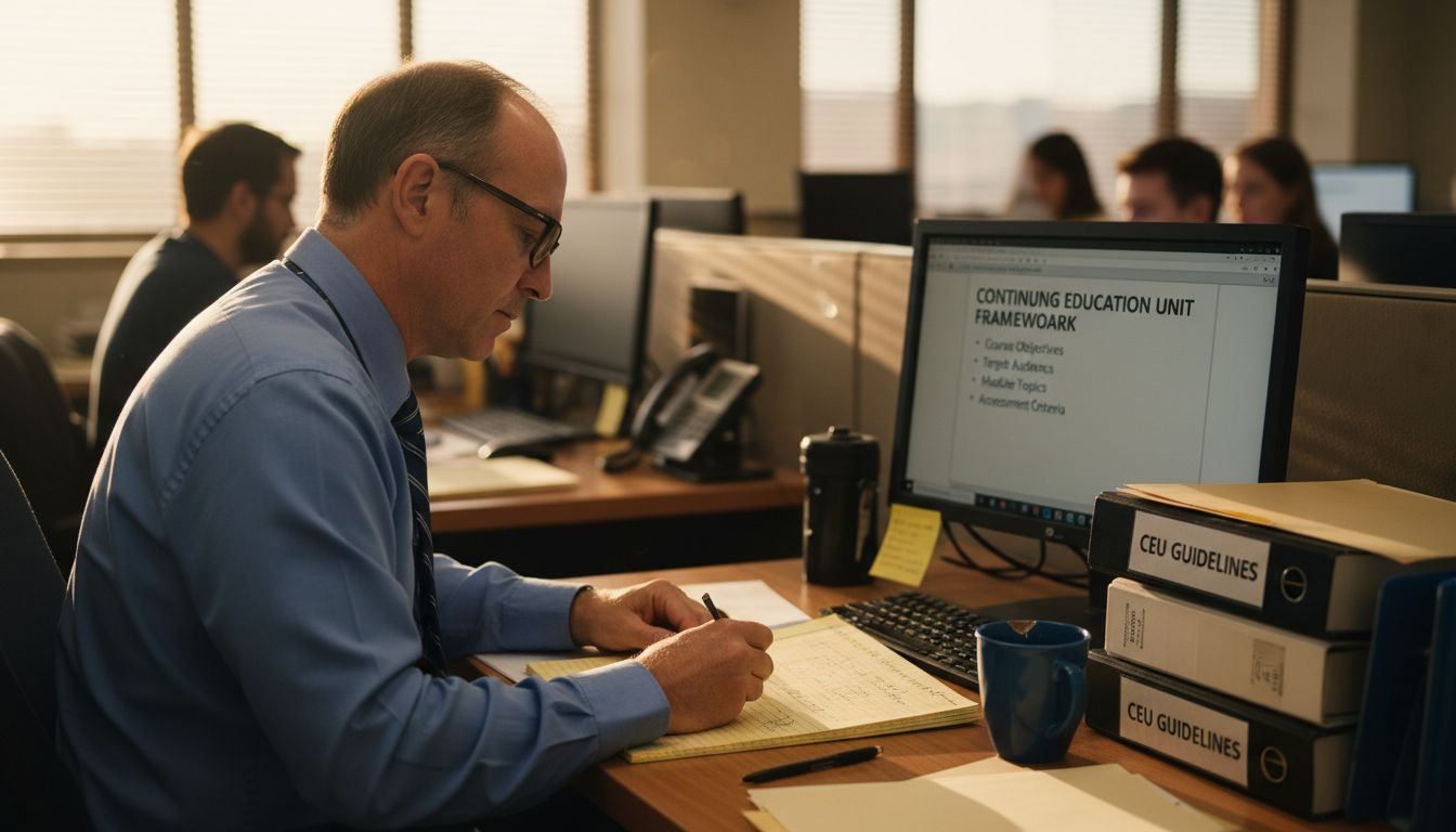 Man drafting course outline at office workstation