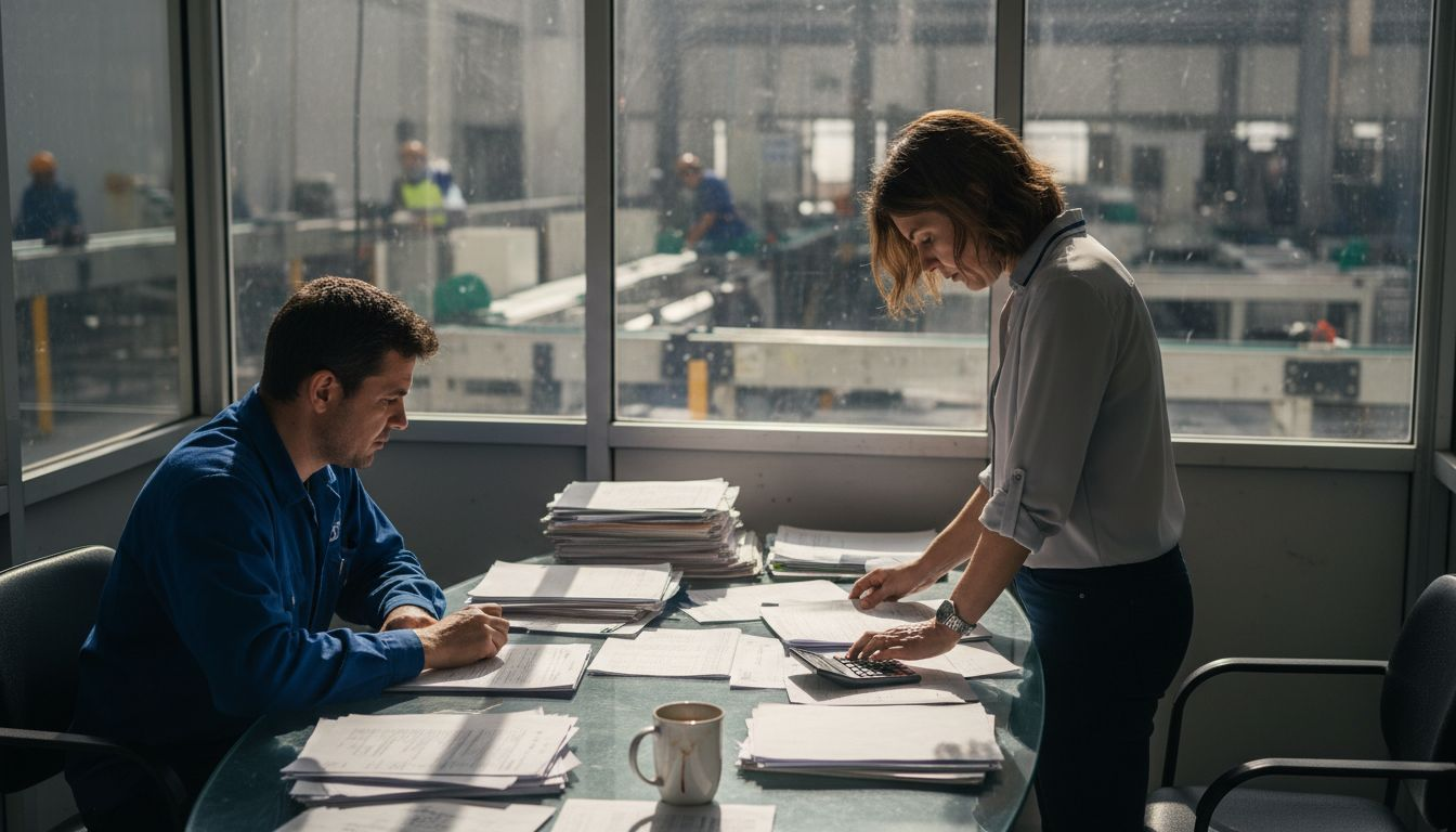 Accreditation team reviewing documents in factory