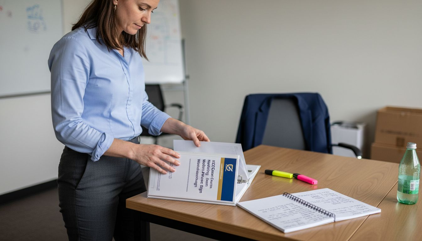 Manager reviewing accredited course binder