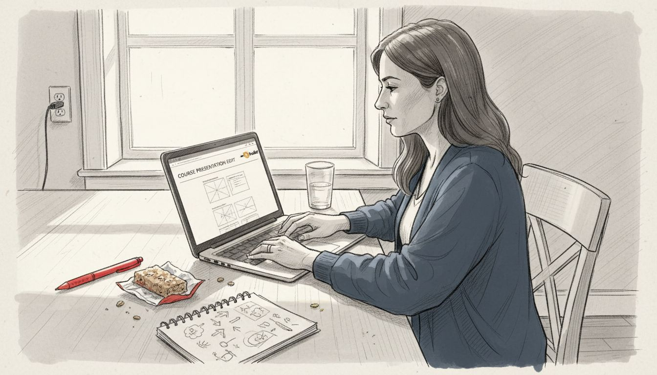 Woman edits course slides at home table