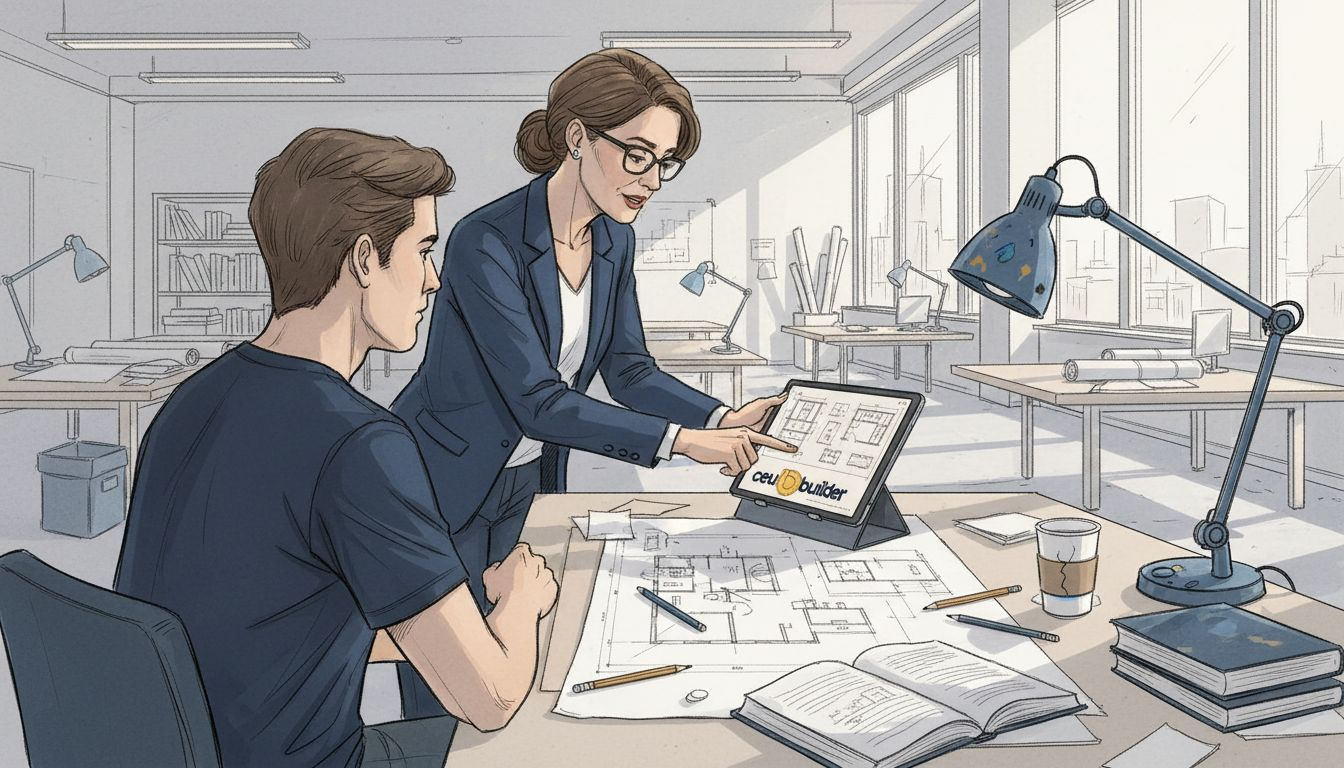 Architect and designer discuss course materials at table