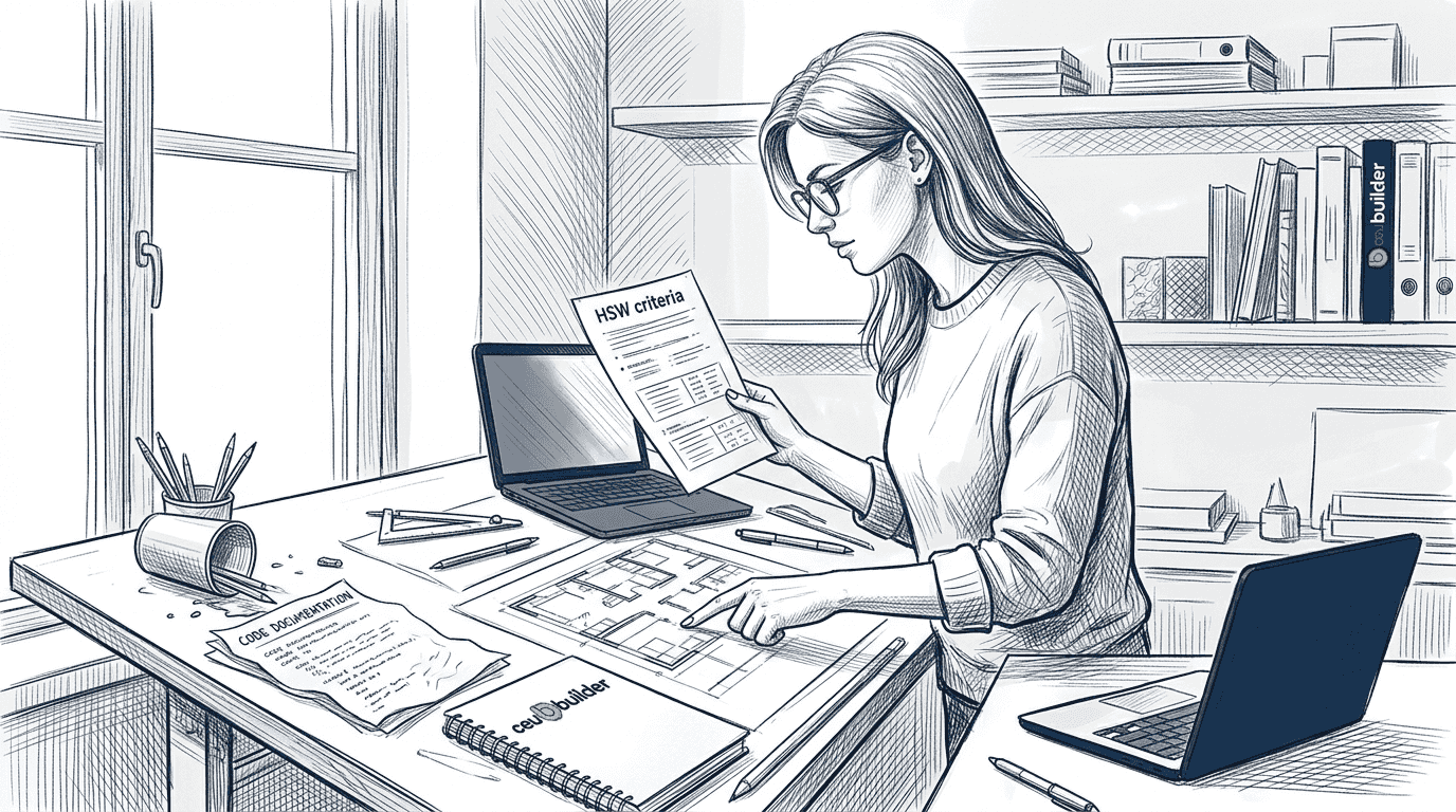 Designer examines HSW standards at drafting table