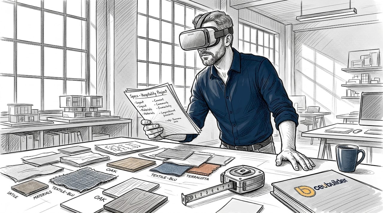 Architect experiencing VR design simulation in studio