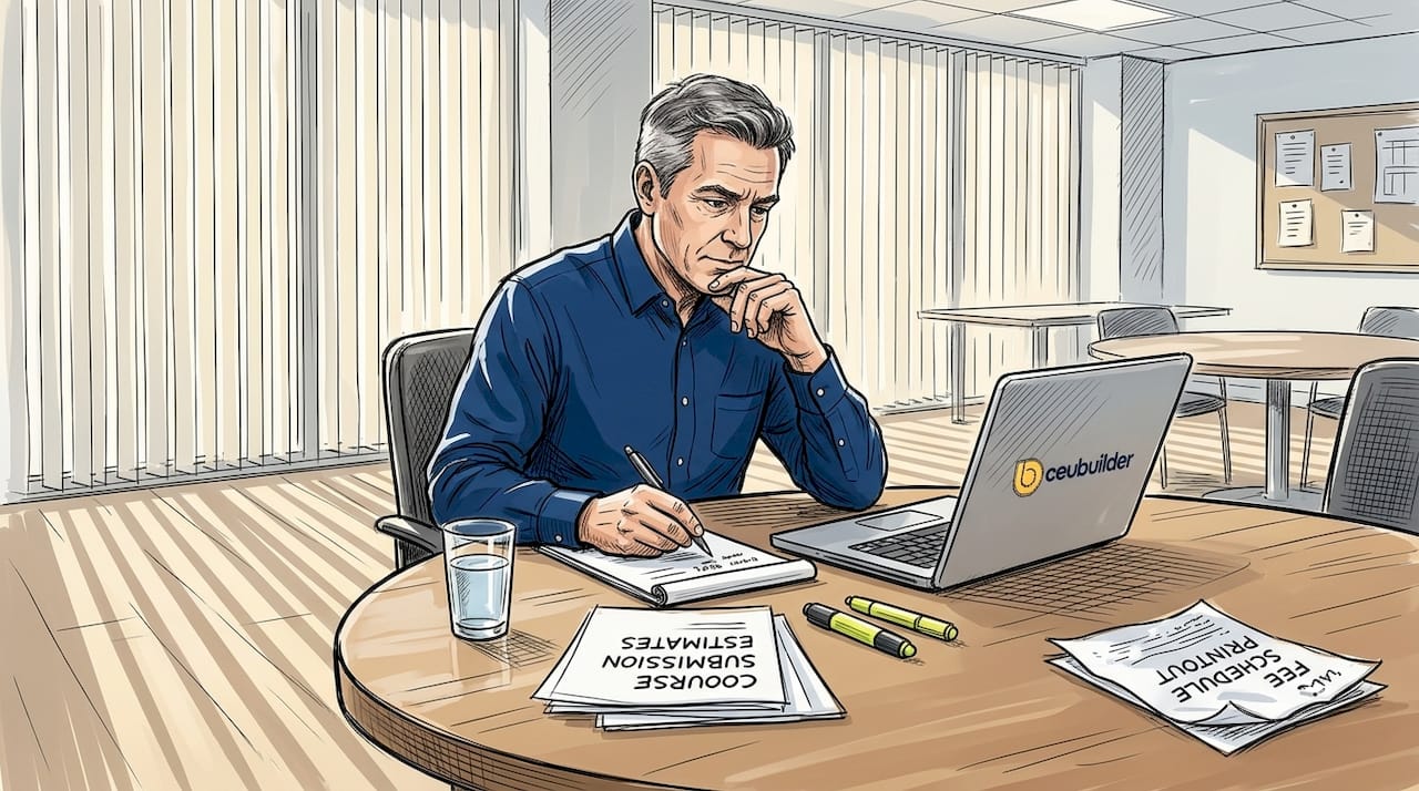 Man calculating CEU course costs at table