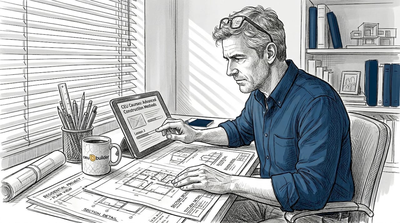 Architect studies CEU course on tablet