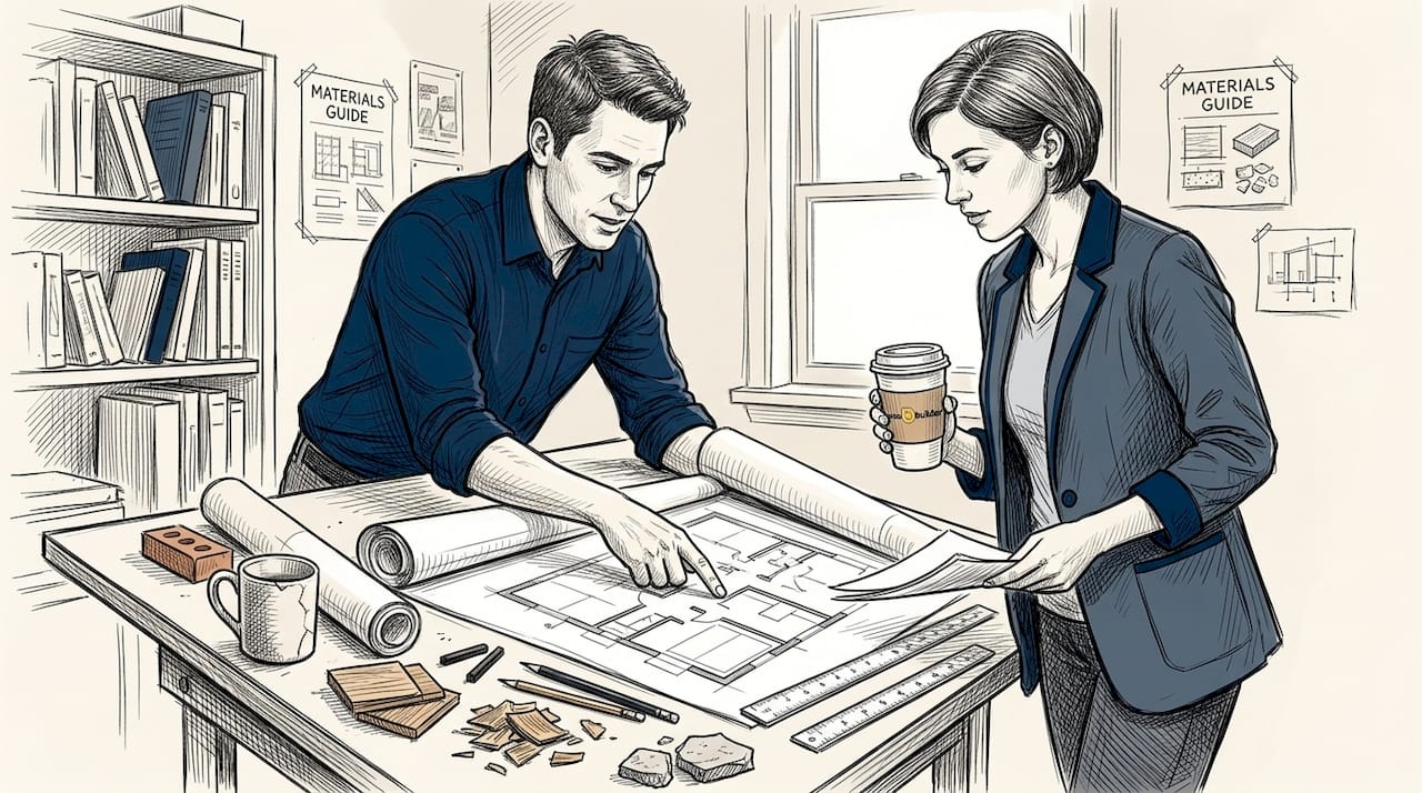 Architects discussing design with material samples