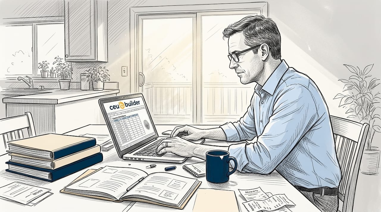 Man entering CEU compliance records at kitchen table